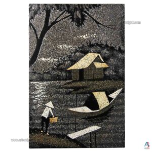 La Campagne du Vietnam Gris – Tableau Bois Laqué et Coquille d’œuf 20x30cm (réf. S62-9686)