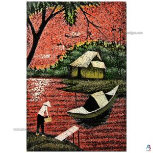 La Campagne du Vietnam Corail – Tableau Bois Laqué et Coquille d’œuf 20x30cm (réf. S62-9691)