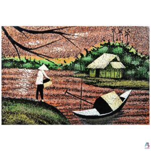 La Campagne du Vietnam Corail – Tableau Bois Laqué et Coquille d’œuf 20x30cm (réf. S62-9699)