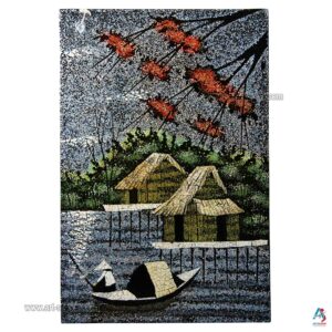 La Campagne du Vietnam Bleu – Tableau Bois Laqué et Coquille d’œuf 20x30cm (réf. S62-9707)