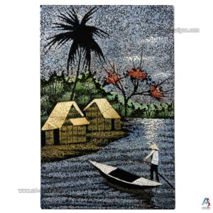 La Campagne du Vietnam Bleu – Tableau Bois Laqué et Coquille d’œuf 20x30cm (réf. S62-9712)