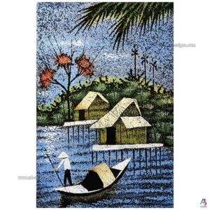 La Campagne du Vietnam Bleu – Tableau Bois Laqué et Coquille d’œuf 20x30cm (réf. S62-9750)