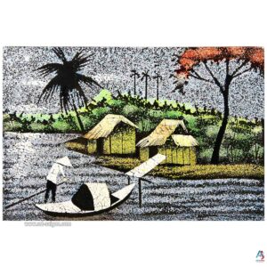 La Campagne du Vietnam Bleu – Tableau Bois Laqué et Coquille d’œuf 20x30cm (réf. S62-9758)