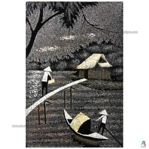 La Campagne du Vietnam Noir – Tableau Bois Laqué et Coquille d’œuf 20x30cm (réf. S62-9766)