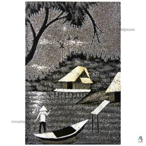 La Campagne du Vietnam Noir – Tableau Bois Laqué et Coquille d’œuf 20x30cm (réf. S62-9776)