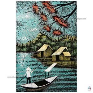 La Campagne du Vietnam Cyan – Tableau Bois Laqué et Coquille d’œuf 20x30cm (réf. S62-9804)