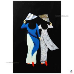 Femmes Vietnamiennes - Tableau Bois Laqué, Coquille d'Œuf et Nacre 20x30cm (réf. S62-9812)