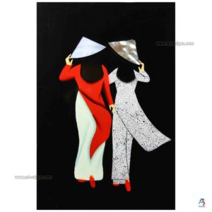 Femmes Vietnamiennes - Tableau Bois Laqué, Coquille d'Œuf et Nacre 20x30cm (réf. S62-9821)