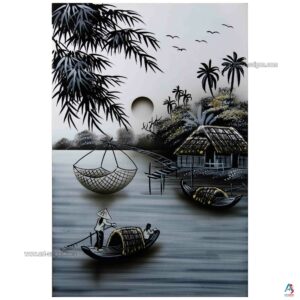 La Campagne du Vietnam Blanc – Tableau Bois Laqué Peint 20x30cm (réf. S62-9827)