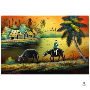 La Campagne du Vietnam Orange – Tableau Bois Laqué Peint 20x30cm (réf. S62-9834)