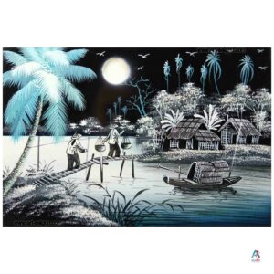 La Campagne du Vietnam Cyan – Tableau Bois Laqué Peint 20x30cm (réf. S62-9840)