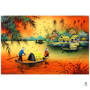 La Campagne du Vietnam Orange – Tableau Bois Laqué Peint 20x30cm (réf. S62-9848)