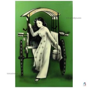 Femme Vietnamienne - Tableau Bois Laqué, Coquille d'Œuf et Nacre 20x30cm (réf. S62-9862)