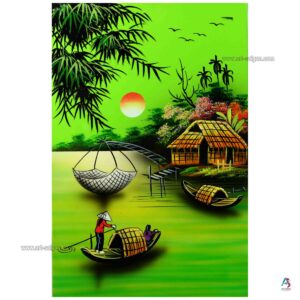 La Campagne du Vietnam Vert – Tableau Bois Laqué Peint 20x30cm (réf. S62-9874)
