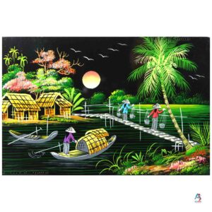 La Campagne du Vietnam Vert – Tableau Bois Laqué Peint 20x30cm (réf. S62-9881)