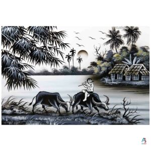 La Campagne du Vietnam Blanc – Tableau Bois Laqué Peint 20x30cm (réf. S62-9896)