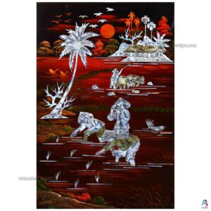 La Campagne du Vietnam Marron – Tableau Bois Laqué et Nacre 20x30cm (réf. S62-9903)