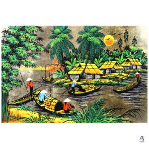 La Campagne du Vietnam Doré – Tableau Bois Laqué Peint 20x30cm (réf. S62-9913)