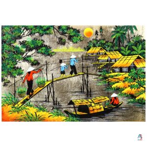 La Campagne du Vietnam Doré – Tableau Bois Laqué Peint 20x30cm (réf. S62-9922)