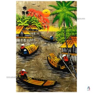 La Campagne du Vietnam Doré – Tableau Bois Laqué Peint 20x30cm (réf. S62-9929)