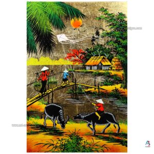 La Campagne du Vietnam Doré – Tableau Bois Laqué Peint 20x30cm (réf. S62-9935)