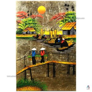 La Campagne du Vietnam Doré – Tableau Bois Laqué Peint 20x30cm (réf. S62-9942)