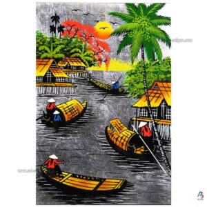 La Campagne du Vietnam Argenté – Tableau Bois Laqué Peint 20x30cm (réf. S62-9951)