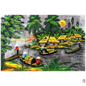 La Campagne du Vietnam Argenté – Tableau Bois Laqué Peint 20x30cm (réf. S62-9959)