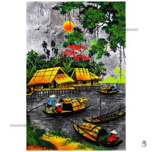 La Campagne du Vietnam Argenté – Tableau Bois Laqué Peint 20x30cm (réf. S62-9966)