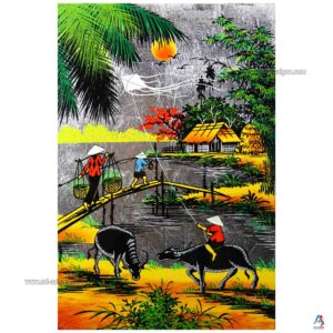 La Campagne du Vietnam Argenté – Tableau Bois Laqué Peint 20x30cm (réf. S62-9973)