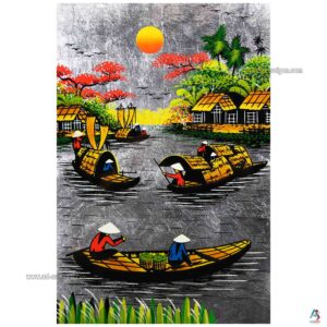 La Campagne du Vietnam Argenté – Tableau Bois Laqué Peint 20x30cm (réf. S62-9982)