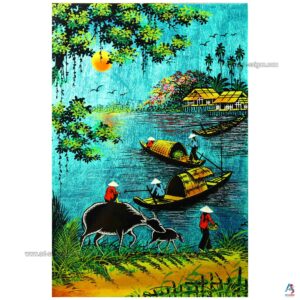 La Campagne du Vietnam Cyan – Tableau Bois Laqué Peint 20x30cm (réf. S62-9988)