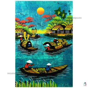 La Campagne du Vietnam Cyan – Tableau Bois Laqué Peint 20x30cm (réf. S62-9995)