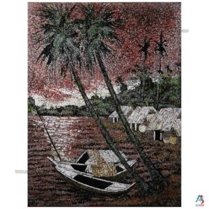 La Campagne du Vietnam Corail – Tableau Bois Laqué et Coquille d’œuf 30x40cm (réf. S63-0062)