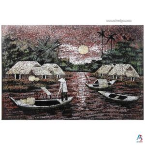 La Campagne du Vietnam Corail – Tableau Bois Laqué et Coquille d’œuf 30x40cm (réf. S63-0070)
