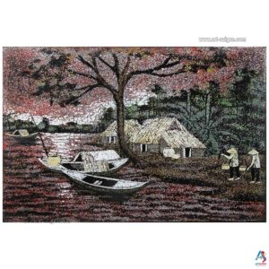 La Campagne du Vietnam Corail – Tableau Bois Laqué et Coquille d’œuf 30x40cm (réf. S63-0077)