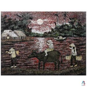 La Campagne du Vietnam Corail – Tableau Bois Laqué et Coquille d’œuf 30x40cm (réf. S63-0086)