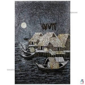La Campagne du Vietnam Bleu – Tableau Bois Laqué et Coquille d’œuf 30x40cm (réf. S63-0093)