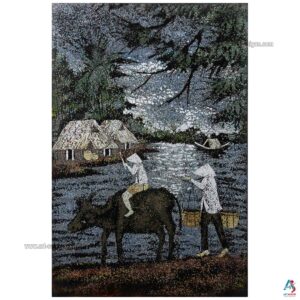 La Campagne du Vietnam Bleu – Tableau Bois Laqué et Coquille d’œuf 30x40cm (réf. S63-0099)