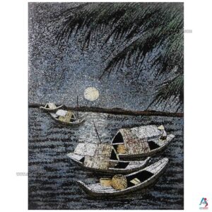La Campagne du Vietnam Bleu – Tableau Bois Laqué et Coquille d’œuf 30x40cm (réf. S63-0108)