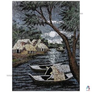 La Campagne du Vietnam Bleu – Tableau Bois Laqué et Coquille d’œuf 30x40cm (réf. S63-0118)