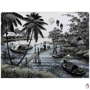 La campagne du Vietnam - Tableau Bois Laqué Peint et Coquille d’Œuf 30x40cm (Réf. S63-0173)