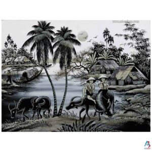 La campagne du Vietnam - Tableau Bois Laqué Peint et Coquille d’Œuf 30x40cm (Réf. S63-0190)