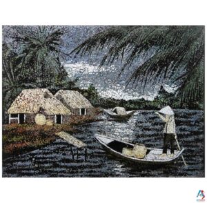 La Campagne du Vietnam Bleu – Tableau Bois Laqué et Coquille d’œuf 30x40cm (réf. S63-0229)