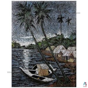 La Campagne du Vietnam Bleu – Tableau Bois Laqué et Coquille d’œuf 30x40cm (réf. S63-0236)