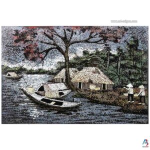 La Campagne du Vietnam Bleu – Tableau Bois Laqué et Coquille d’œuf 30x40cm (réf. S63-0242)