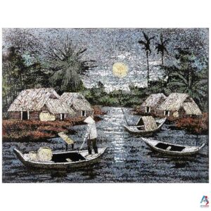 La Campagne du Vietnam Bleu – Tableau Bois Laqué et Coquille d’œuf 30x40cm (réf. S63-0249)