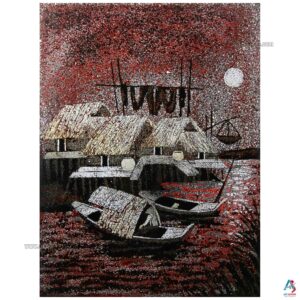 La Campagne du Vietnam Rouge – Tableau Bois Laqué et Coquille d’œuf 30x40cm (réf. S63-0258)