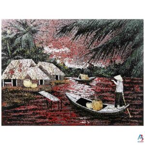 La Campagne du Vietnam Rouge – Tableau Bois Laqué et Coquille d’œuf 30x40cm (réf. S63-0266)