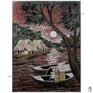 La Campagne du Vietnam Rouge – Tableau Bois Laqué et Coquille d’œuf 30x40cm (réf. S63-0295)